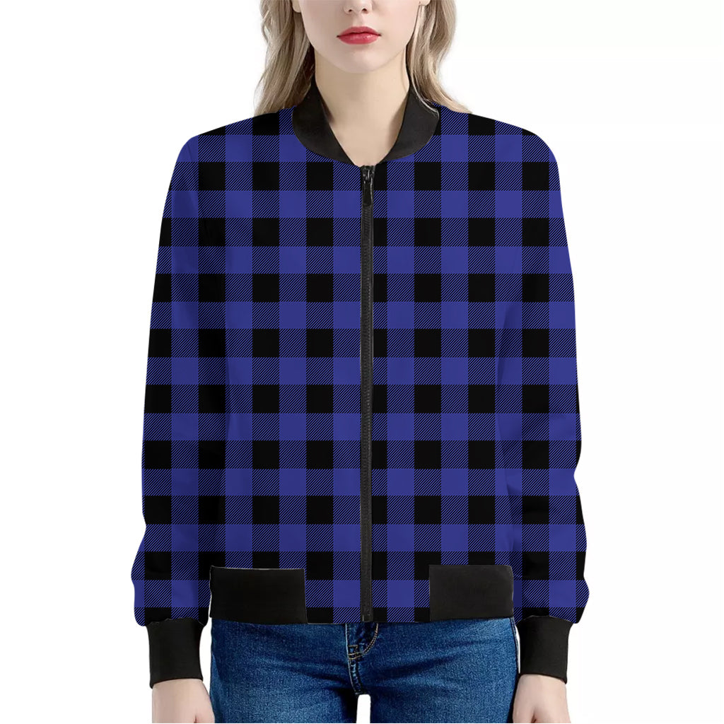 Navy Blue And Black Buffalo Check Print Women's Bomber Jacket