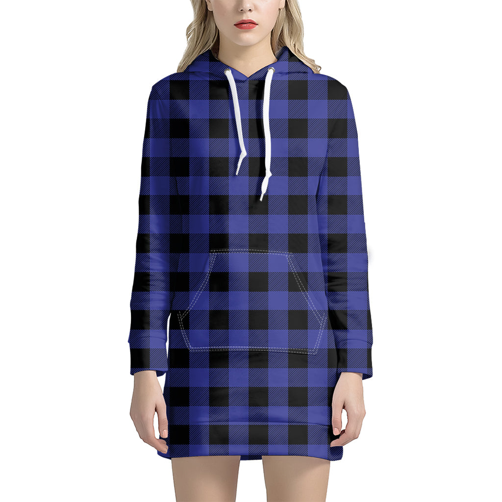 Navy Blue And Black Buffalo Check Print Women's Pullover Hoodie Dress