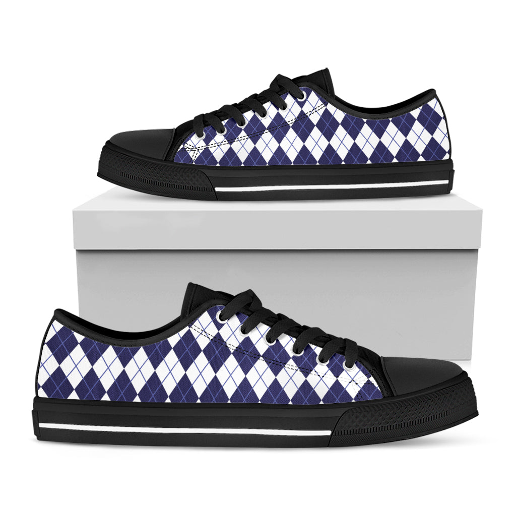 Navy Blue And White Argyle Pattern Print Black Low Top Shoes