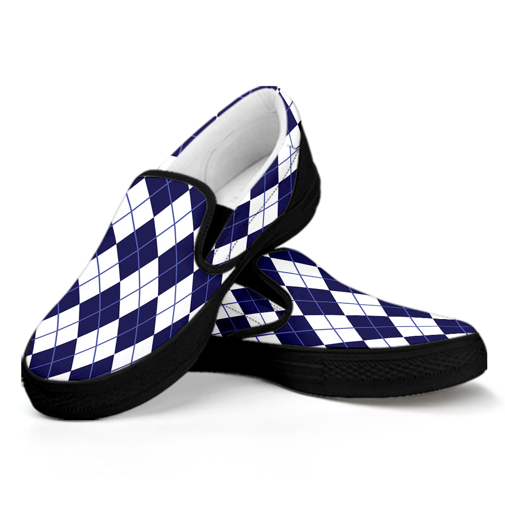 Navy Blue And White Argyle Pattern Print Black Slip On Shoes