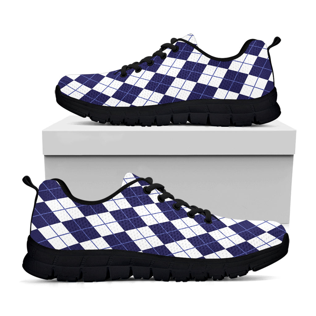 Navy Blue And White Argyle Pattern Print Black Sneakers