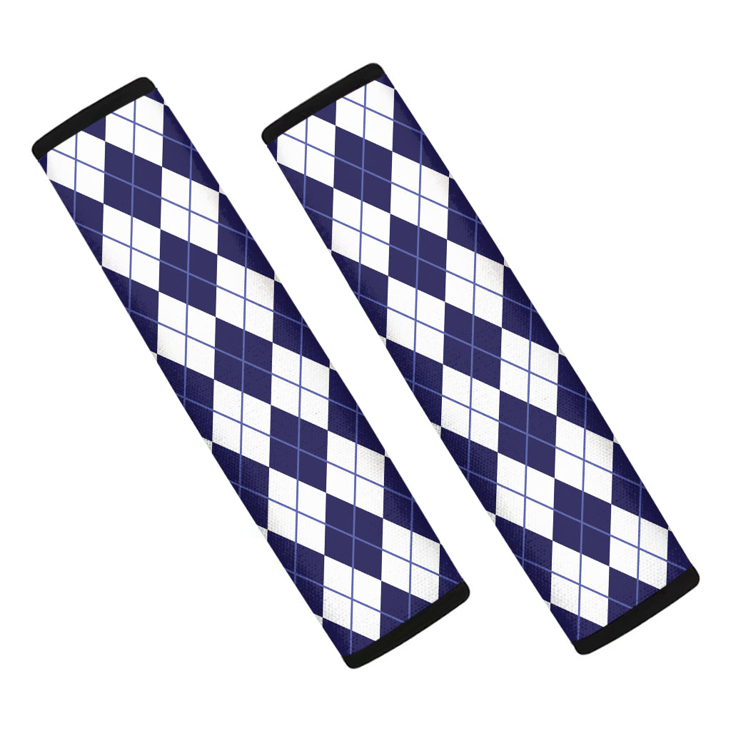 Navy Blue And White Argyle Pattern Print Car Seat Belt Covers