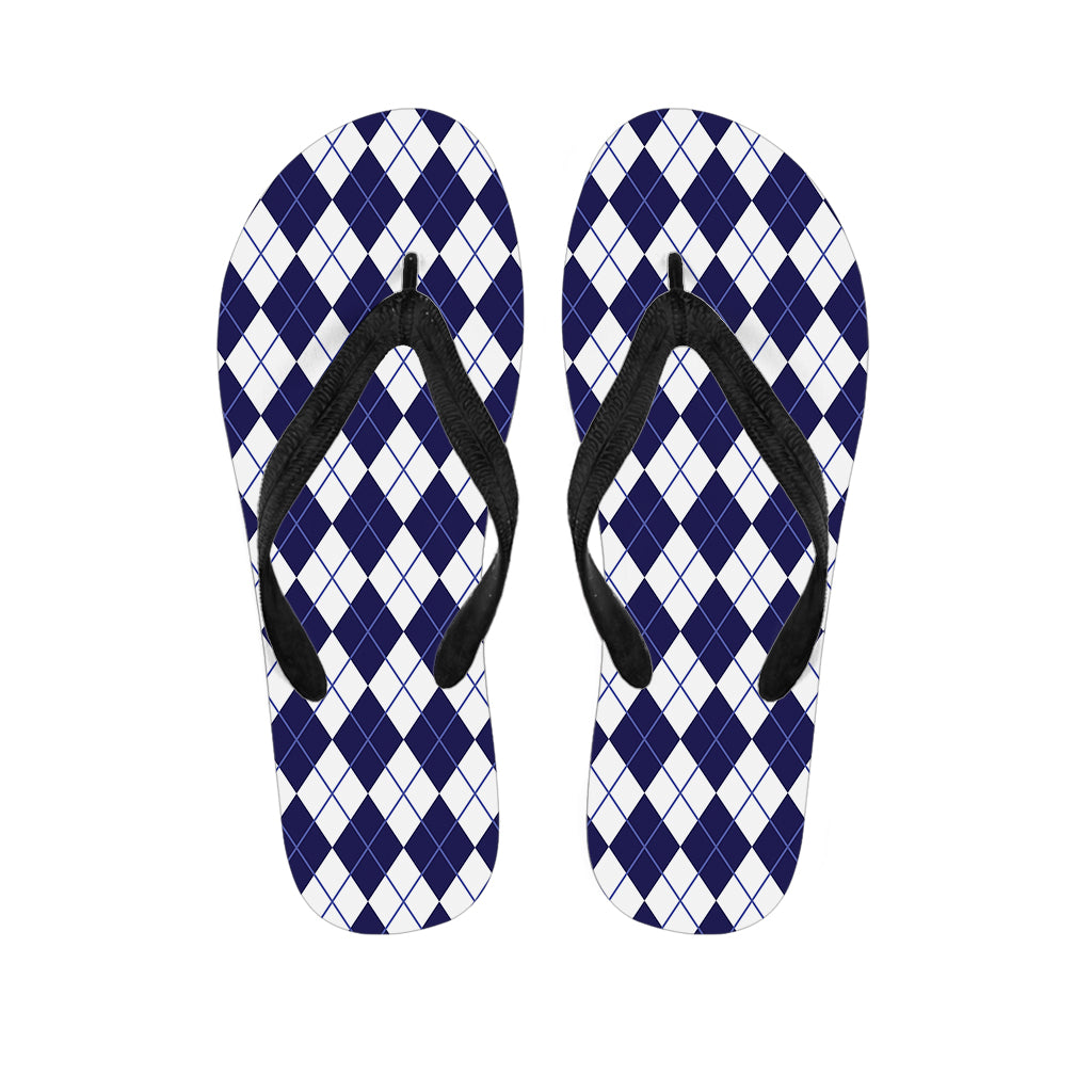 Navy Blue And White Argyle Pattern Print Flip Flops