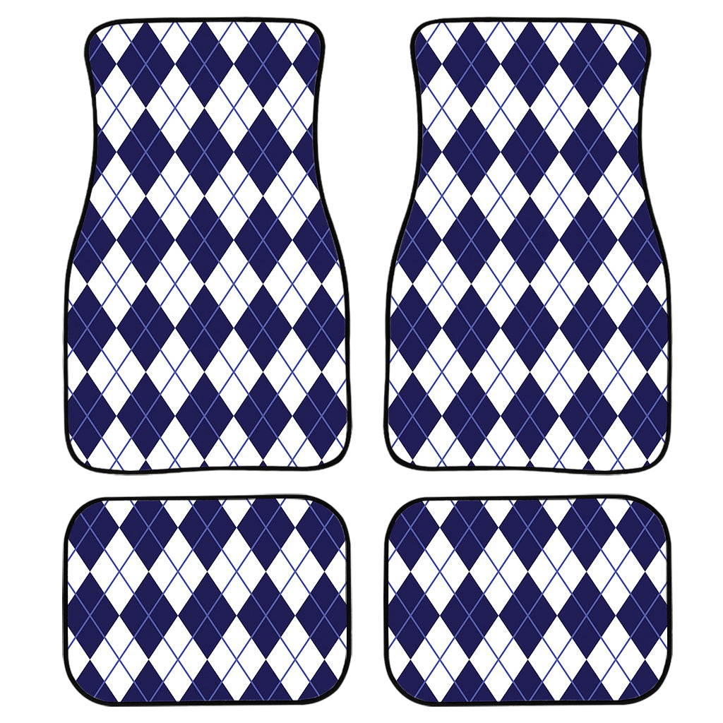 Navy Blue And White Argyle Pattern Print Front and Back Car Floor Mats