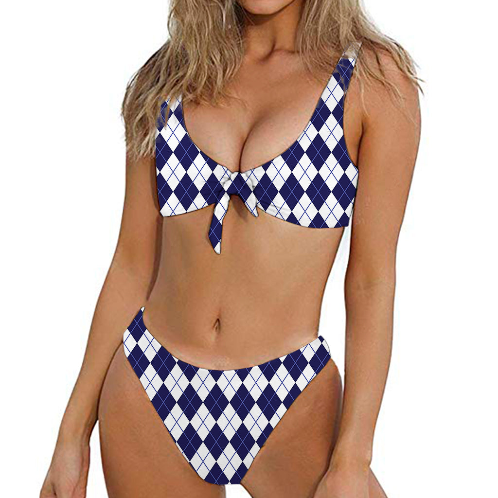 Navy Blue And White Argyle Pattern Print Front Bow Tie Bikini