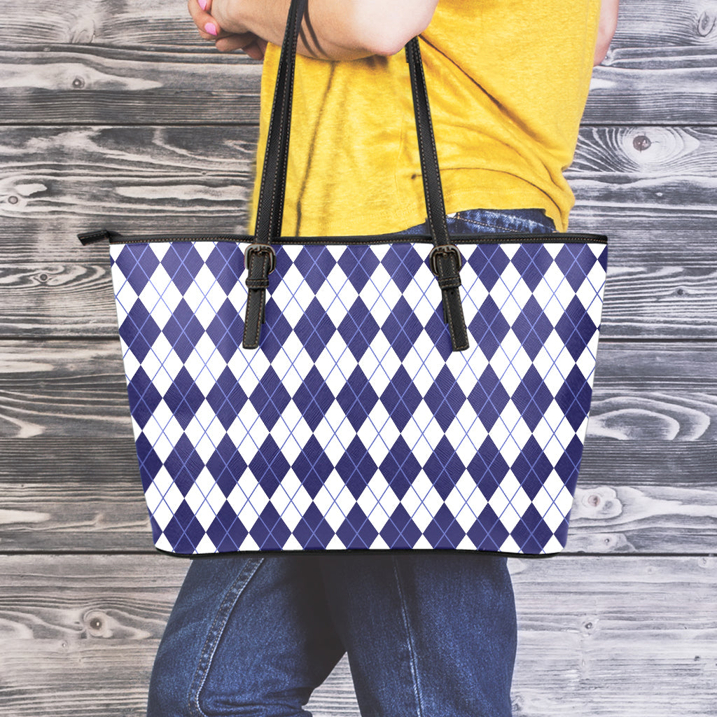 Navy Blue And White Argyle Pattern Print Leather Tote Bag