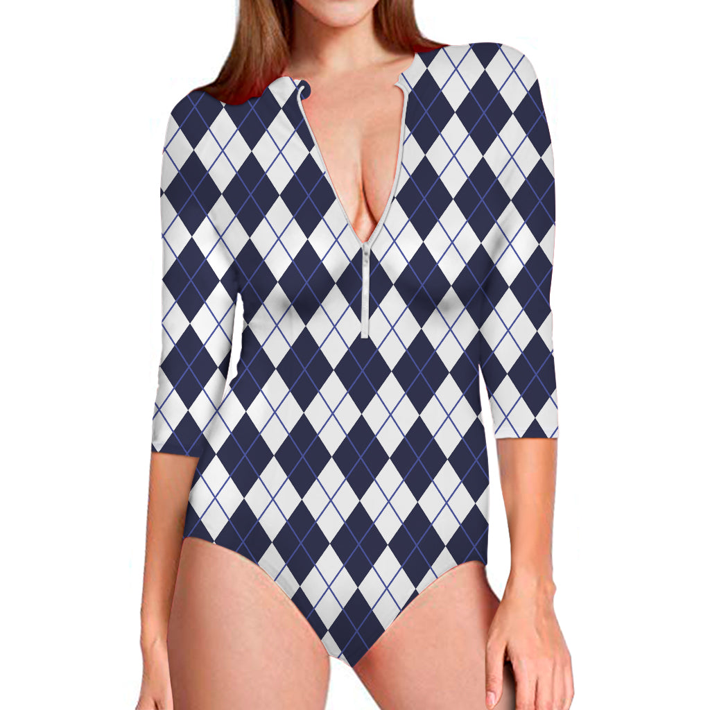 Navy Blue And White Argyle Pattern Print Long Sleeve One Piece Swimsuit