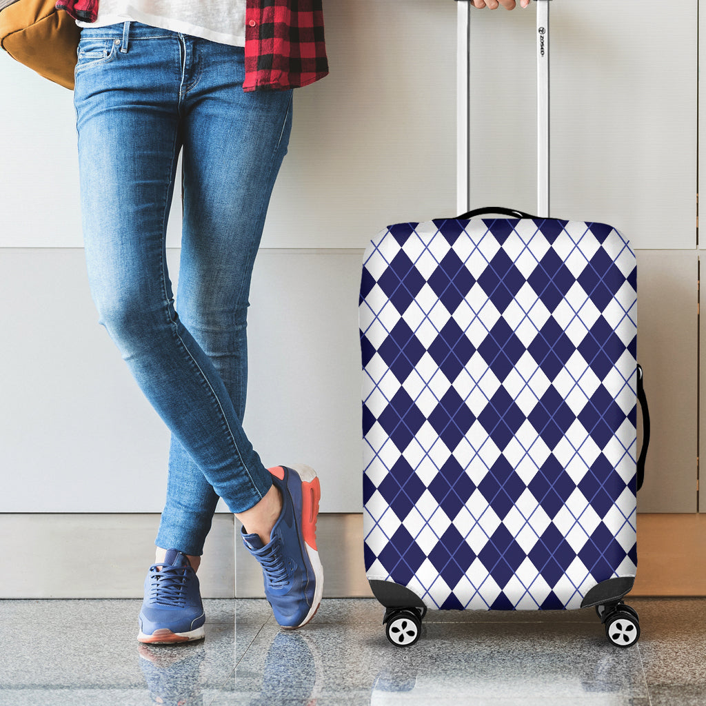 Navy Blue And White Argyle Pattern Print Luggage Cover