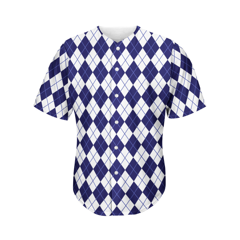 Navy Blue And White Argyle Pattern Print Men's Baseball Jersey