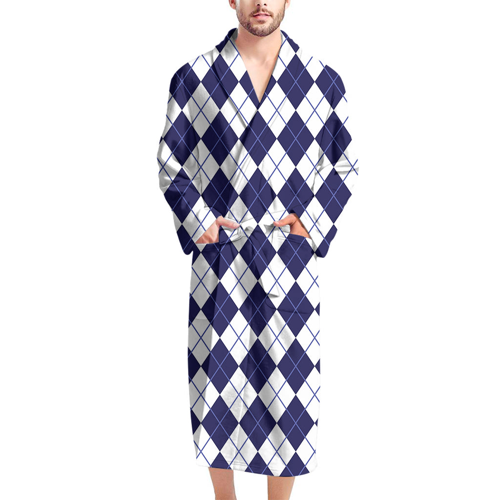 Navy Blue And White Argyle Pattern Print Men's Bathrobe