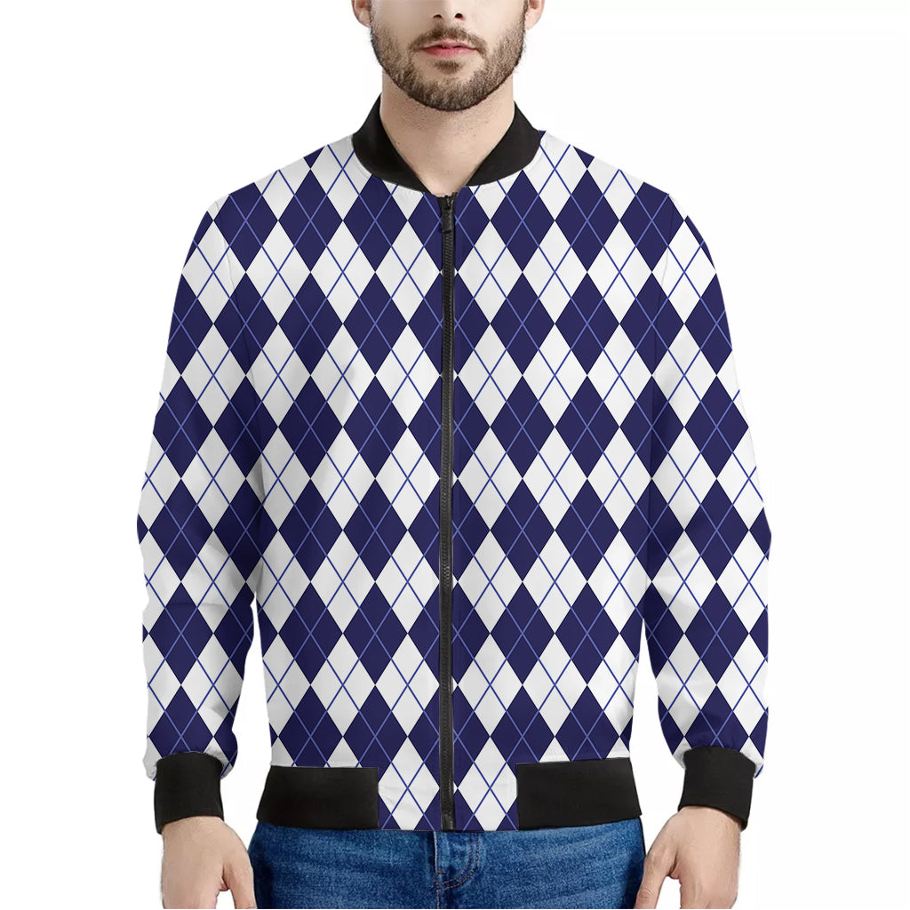 Navy Blue And White Argyle Pattern Print Men's Bomber Jacket