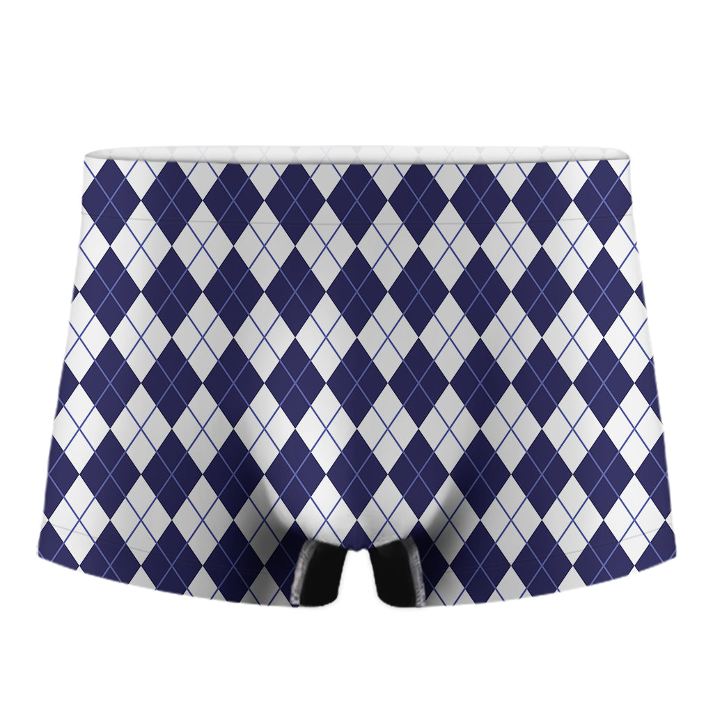 Navy Blue And White Argyle Pattern Print Men's Boxer Briefs