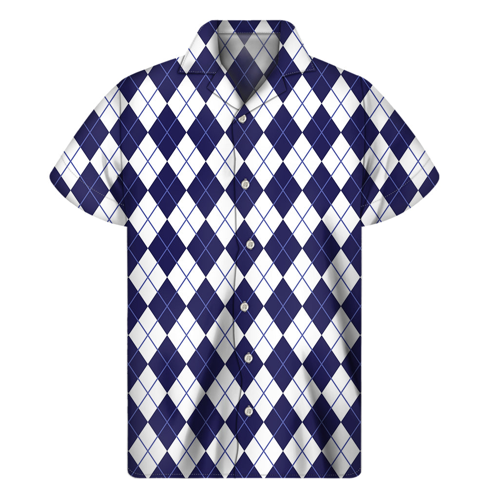 Navy Blue And White Argyle Pattern Print Men's Short Sleeve Shirt