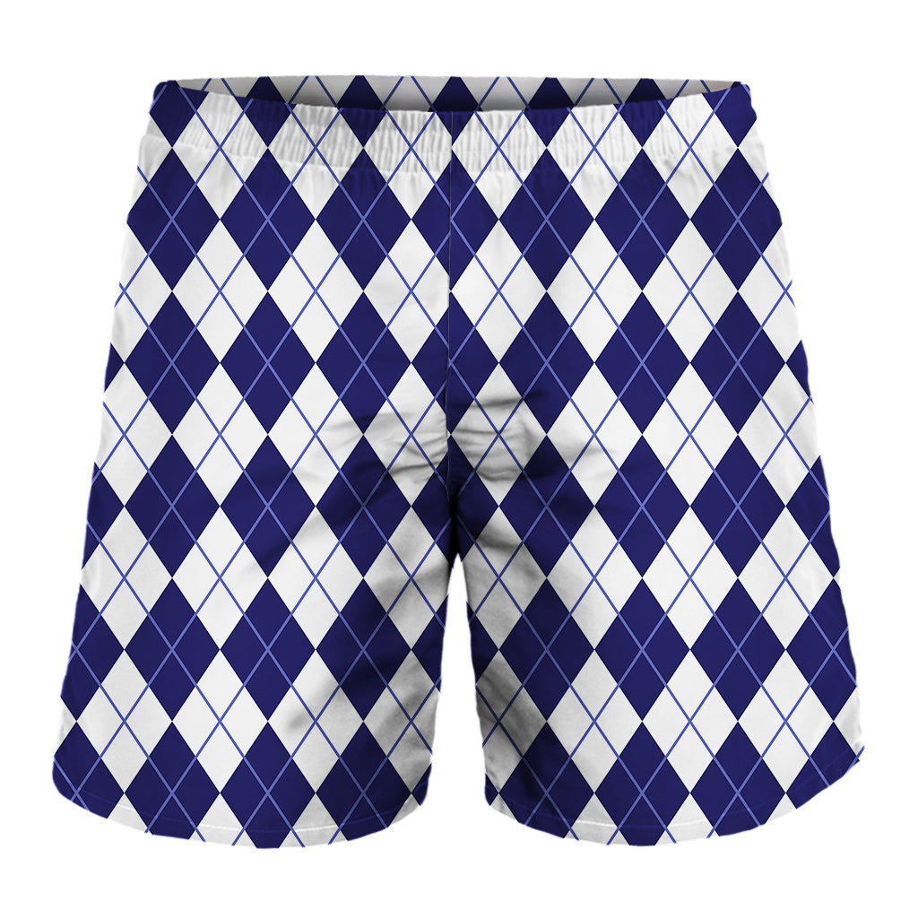 Navy Blue And White Argyle Pattern Print Men's Shorts