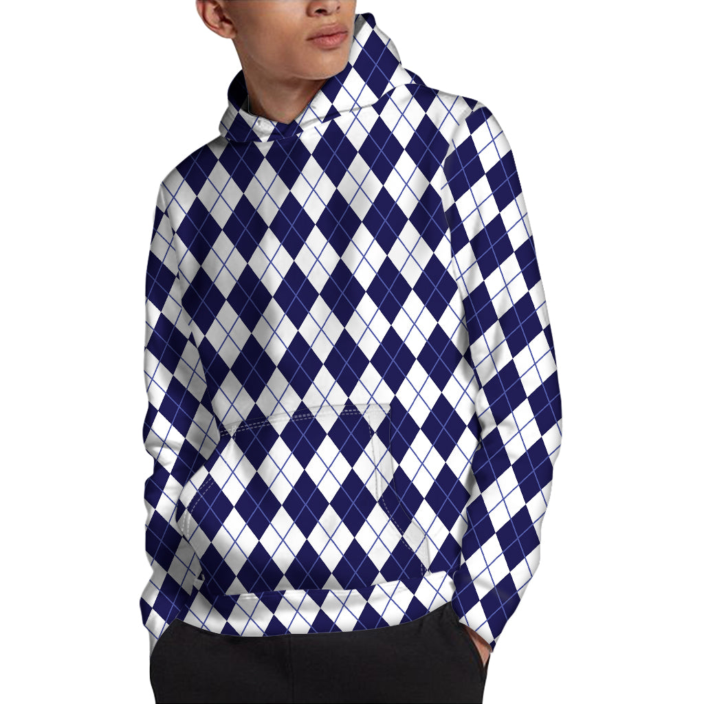 Navy Blue And White Argyle Pattern Print Pullover Hoodie