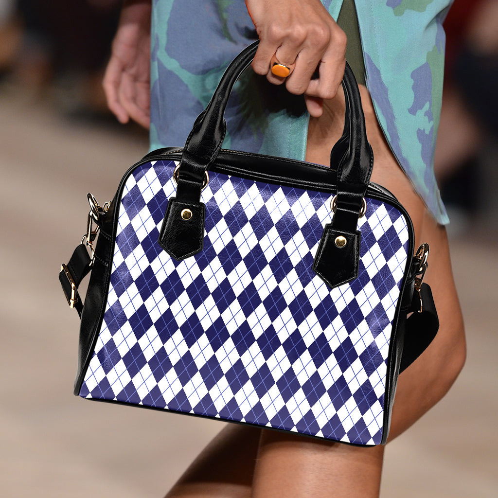 Navy Blue And White Argyle Pattern Print Shoulder Handbag