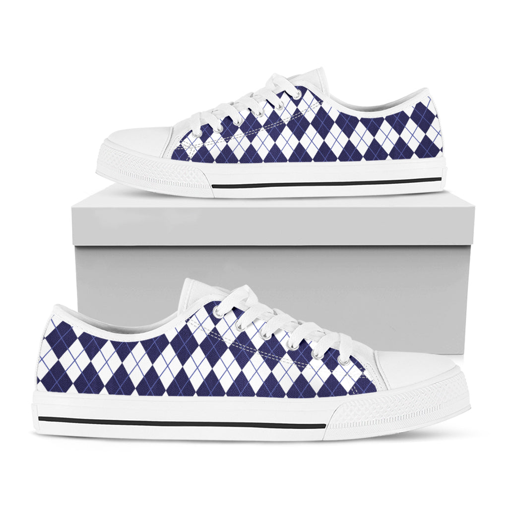 Navy Blue And White Argyle Pattern Print White Low Top Shoes