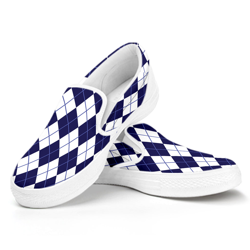 Navy Blue And White Argyle Pattern Print White Slip On Shoes