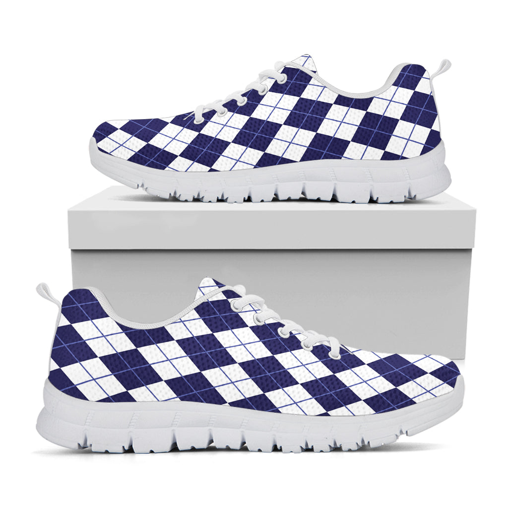 Navy Blue And White Argyle Pattern Print White Sneakers