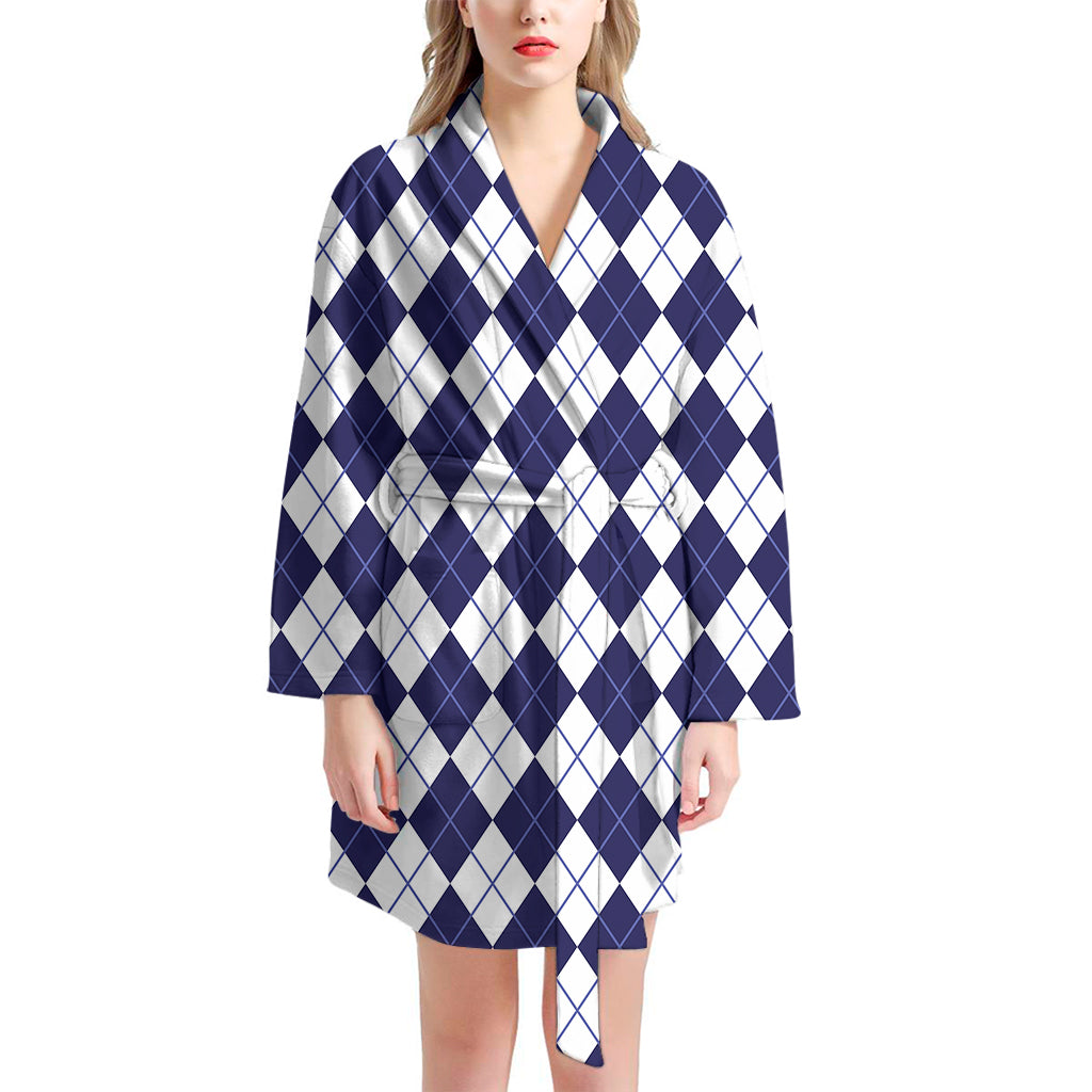 Navy Blue And White Argyle Pattern Print Women's Bathrobe