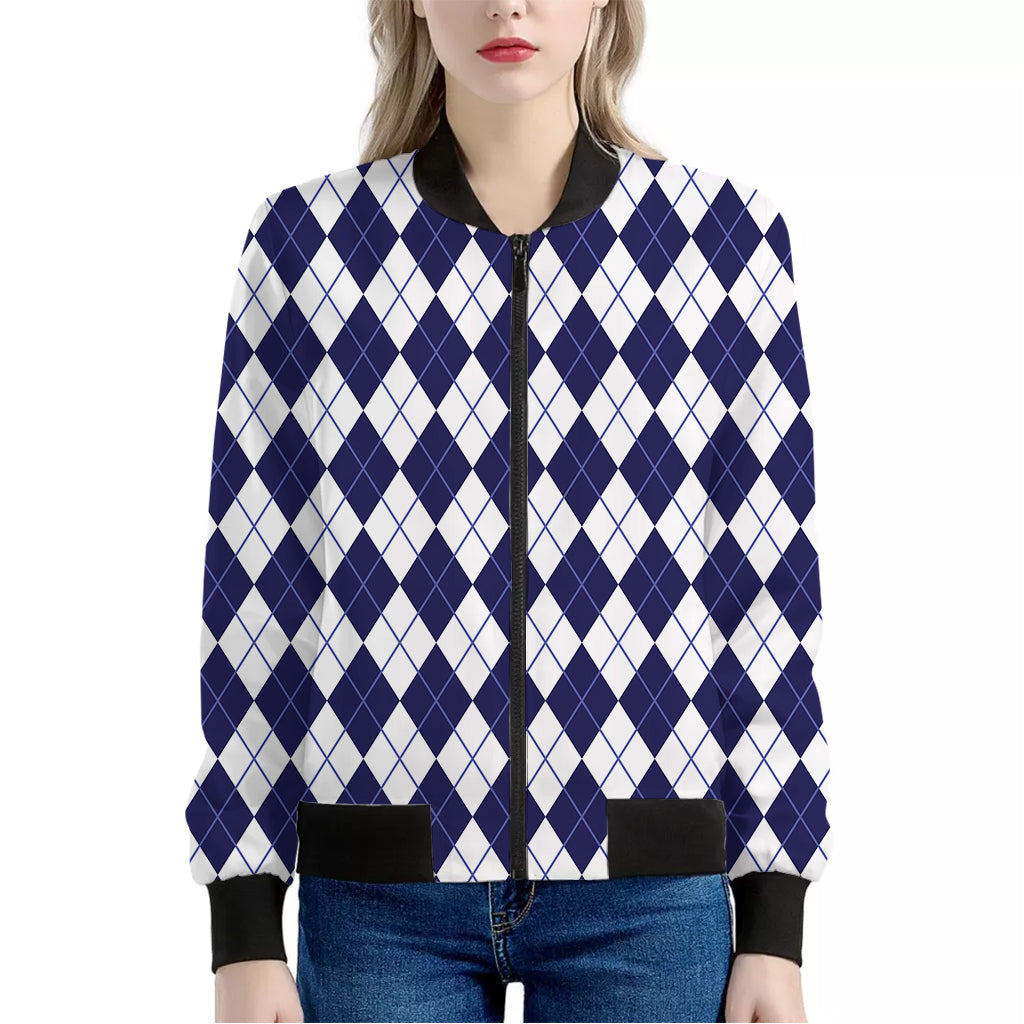 Navy Blue And White Argyle Pattern Print Women's Bomber Jacket