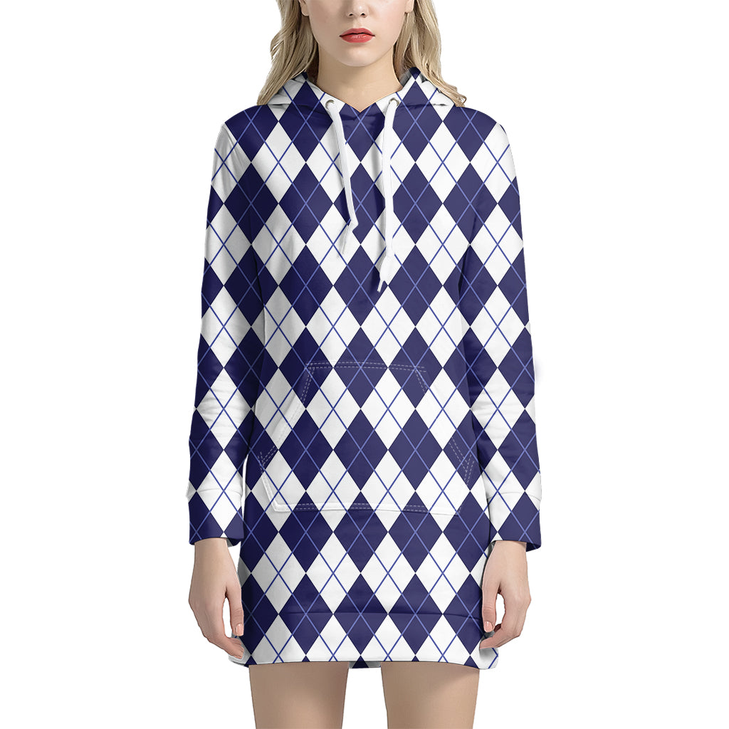 Navy Blue And White Argyle Pattern Print Women's Pullover Hoodie Dress