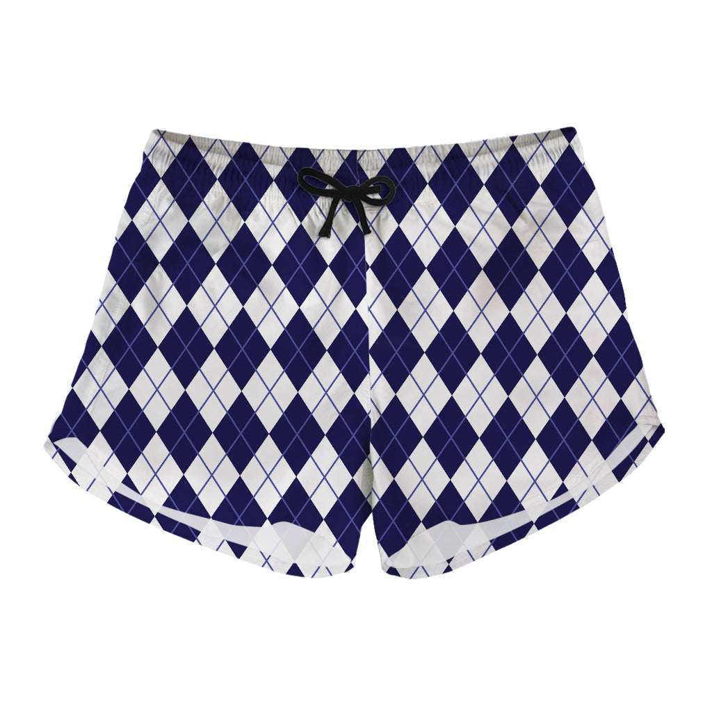 Navy Blue And White Argyle Pattern Print Women's Shorts