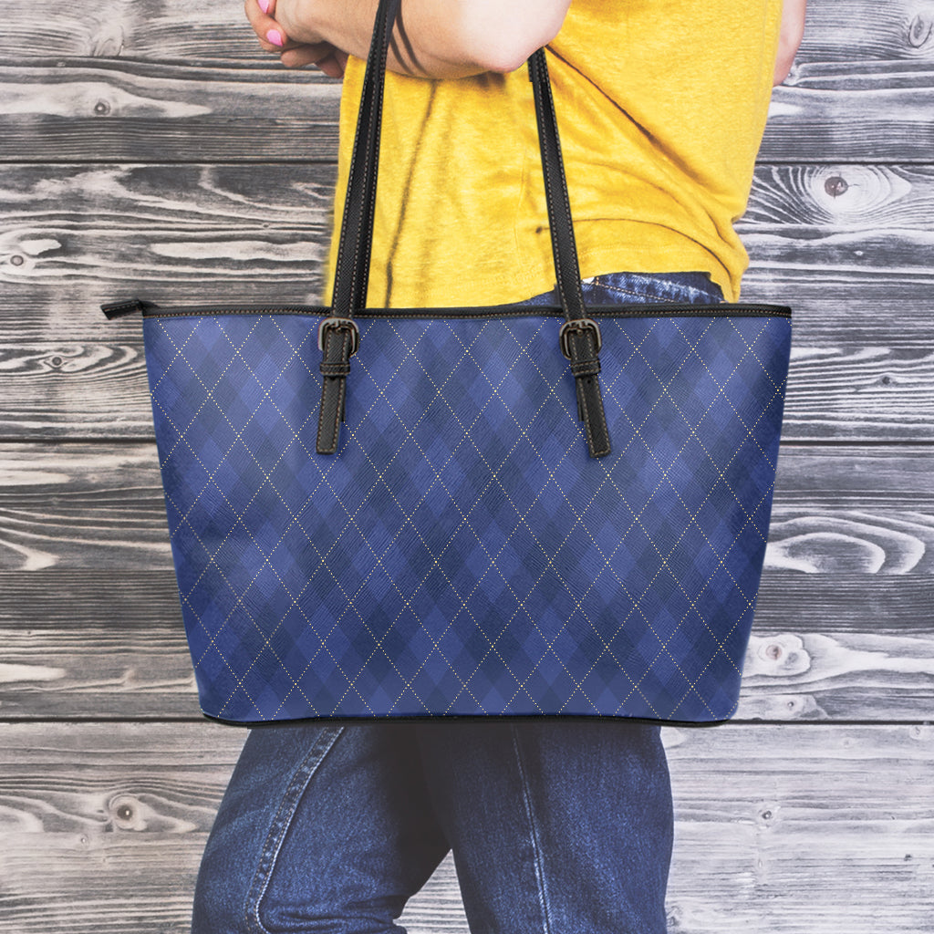 Navy Blue Argyle Pattern Print Leather Tote Bag