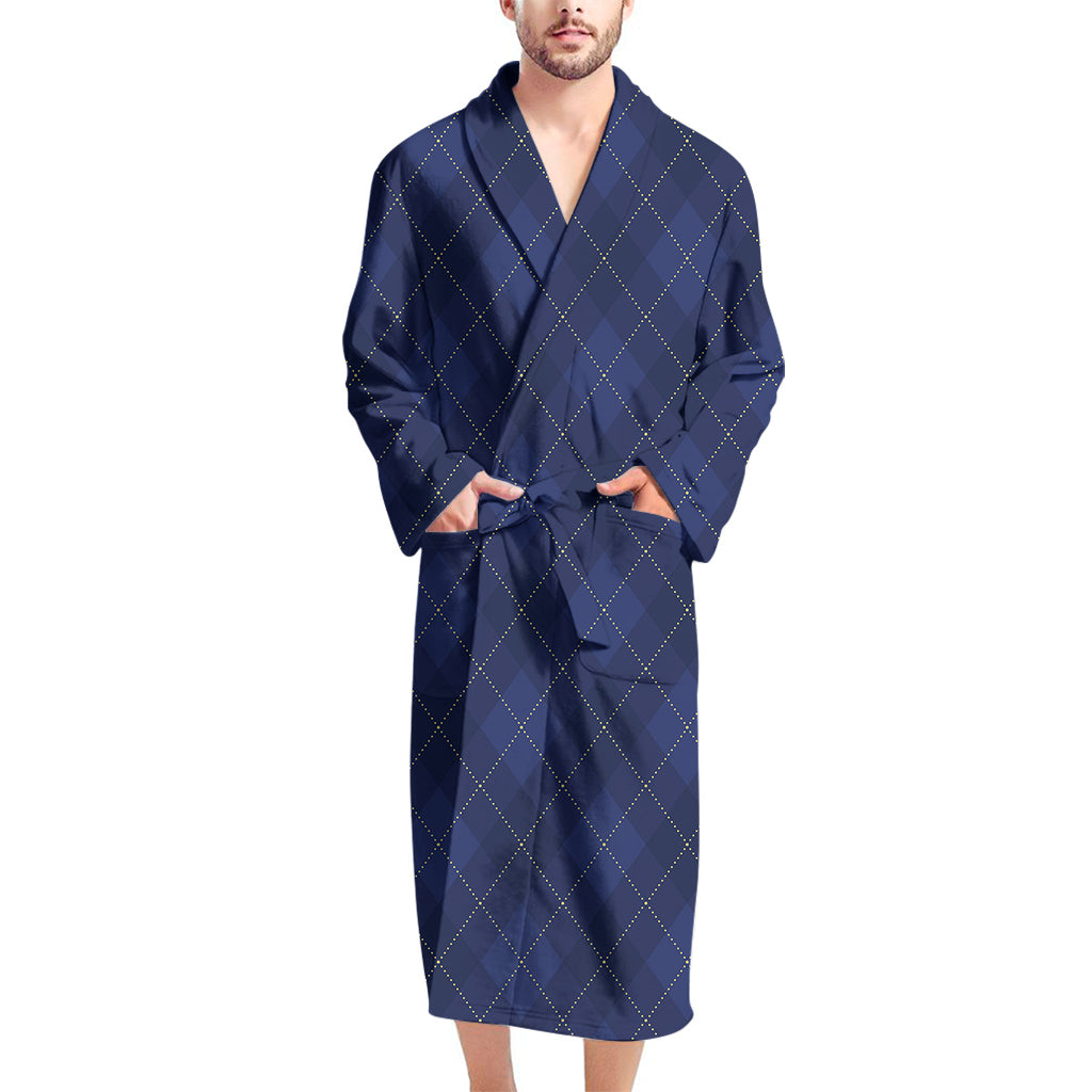 Navy Blue Argyle Pattern Print Men's Bathrobe