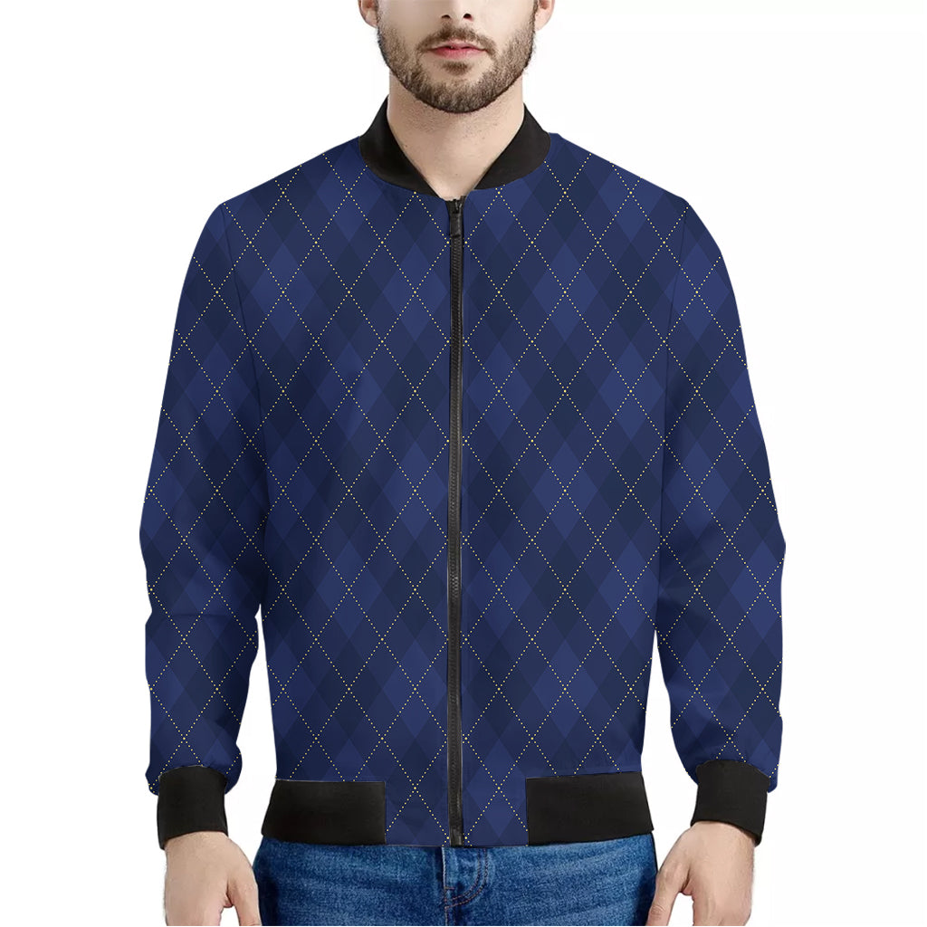 Navy Blue Argyle Pattern Print Men's Bomber Jacket