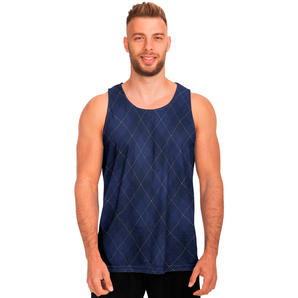 Navy Blue Argyle Pattern Print Men's Tank Top