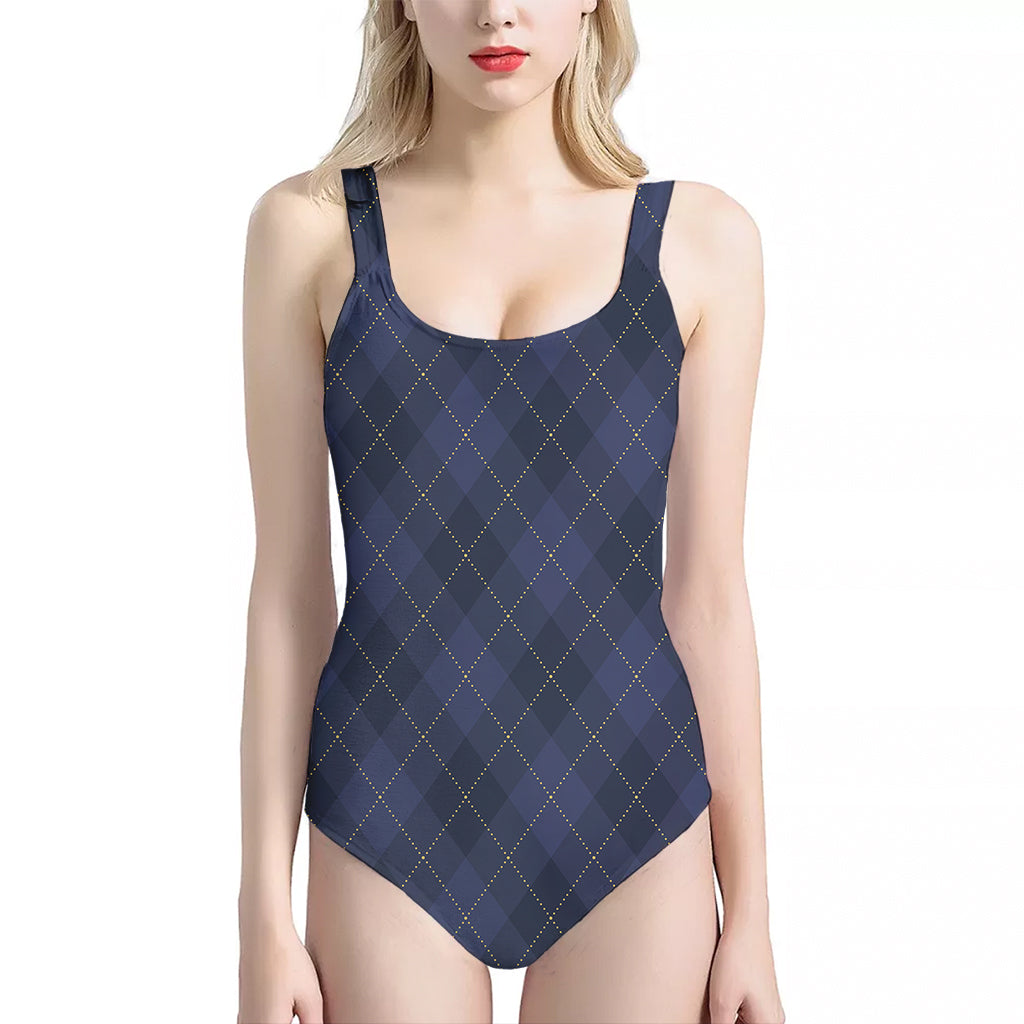 Navy Blue Argyle Pattern Print One Piece Halter Neck Swimsuit