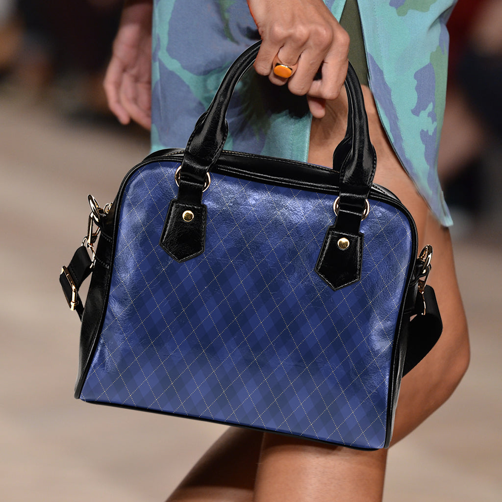 Navy Blue Argyle Pattern Print Shoulder Handbag