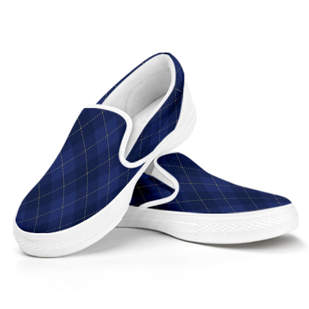 Navy Blue Argyle Pattern Print White Slip On Shoes