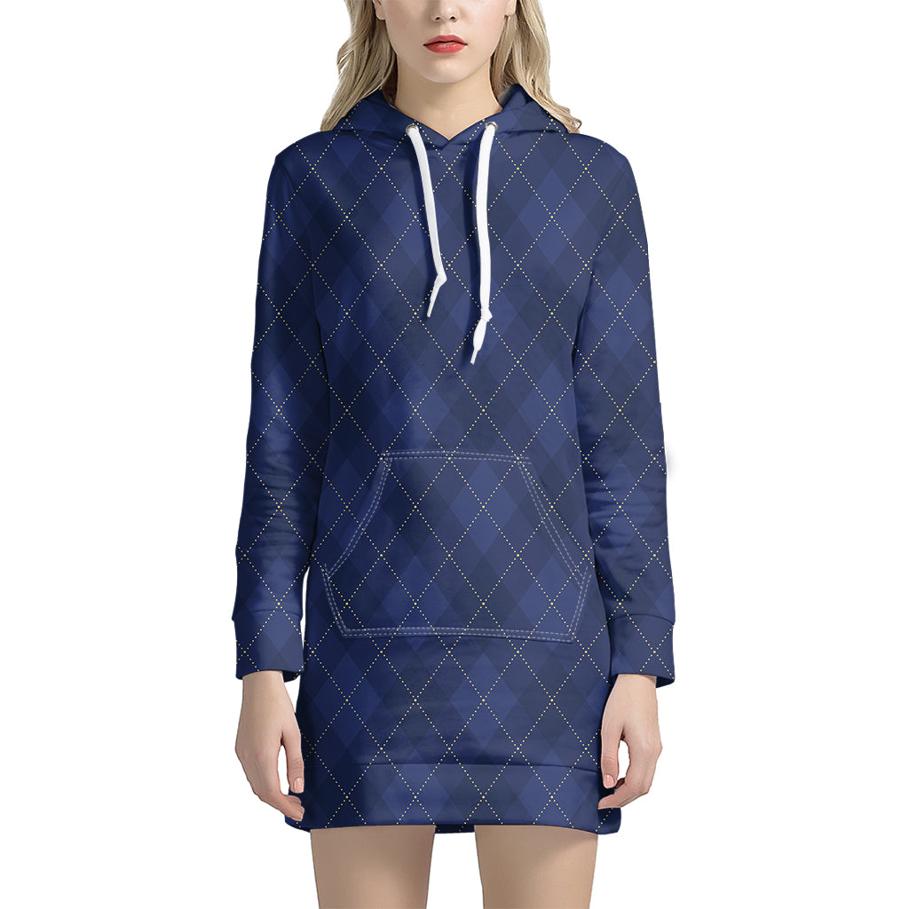 Navy Blue Argyle Pattern Print Women's Pullover Hoodie Dress