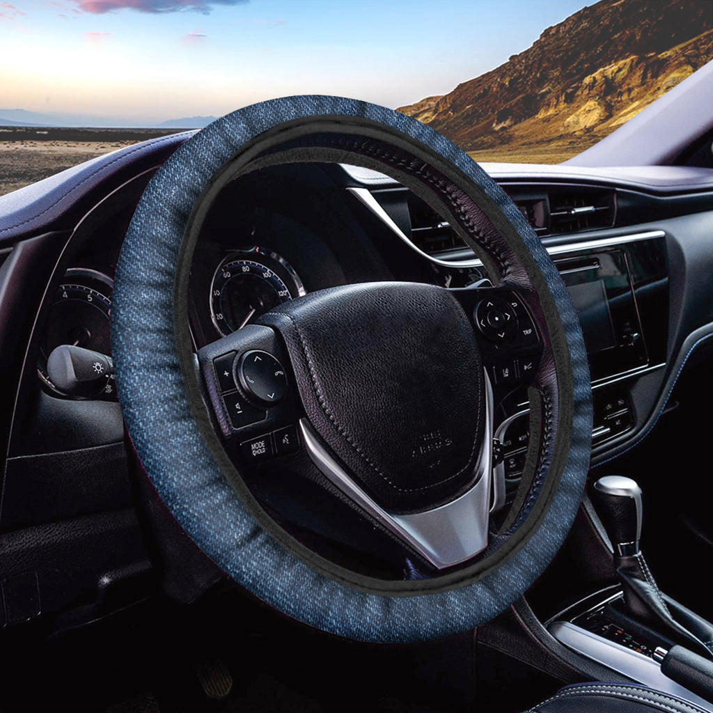 Navy Blue Denim Jeans Print Car Steering Wheel Cover