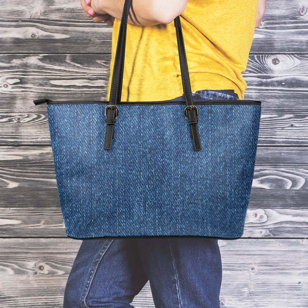 Navy Blue Denim Jeans Print Leather Tote Bag