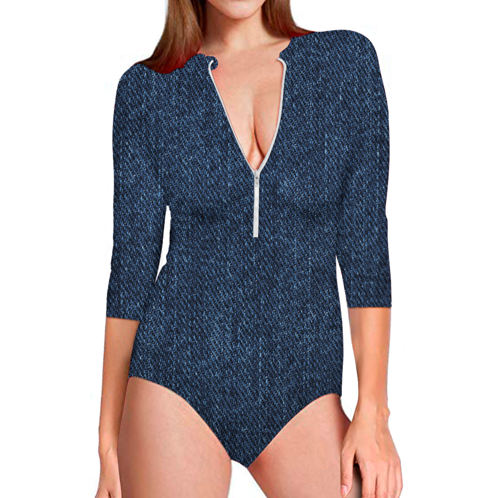 Navy Blue Denim Jeans Print Long Sleeve One Piece Swimsuit