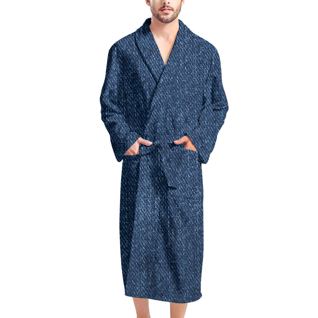 Navy Blue Denim Jeans Print Men's Bathrobe