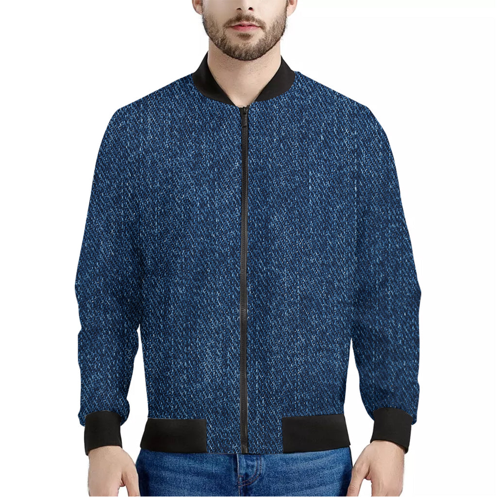 Navy Blue Denim Jeans Print Men's Bomber Jacket