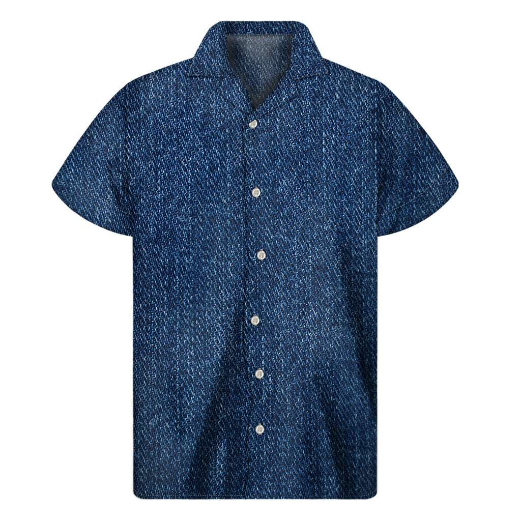 Navy Blue Denim Jeans Print Men's Short Sleeve Shirt