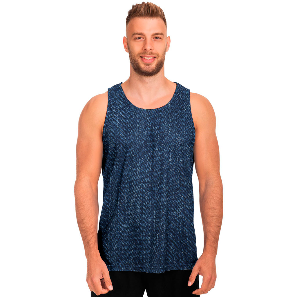 Navy Blue Denim Jeans Print Men's Tank Top