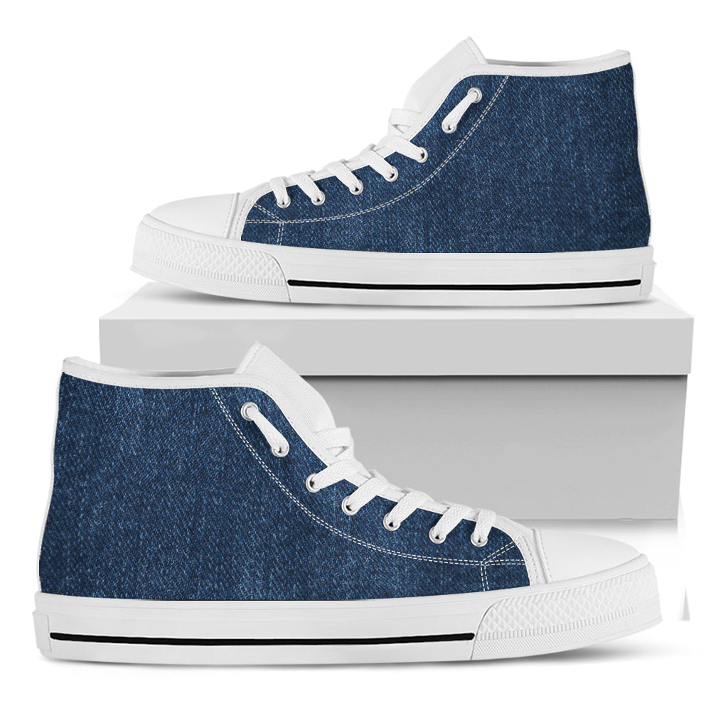 Navy Blue Denim Jeans Print White High Top Shoes