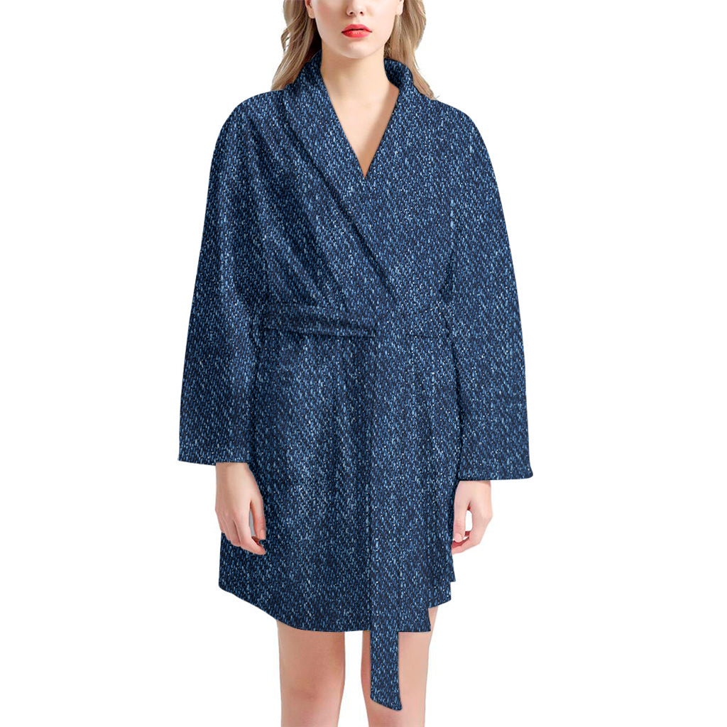 Navy Blue Denim Jeans Print Women's Bathrobe