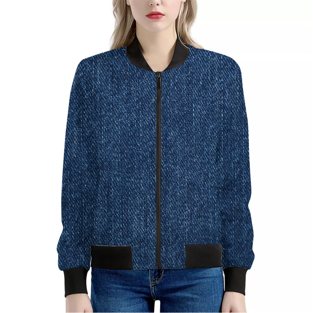 Navy Blue Denim Jeans Print Women's Bomber Jacket