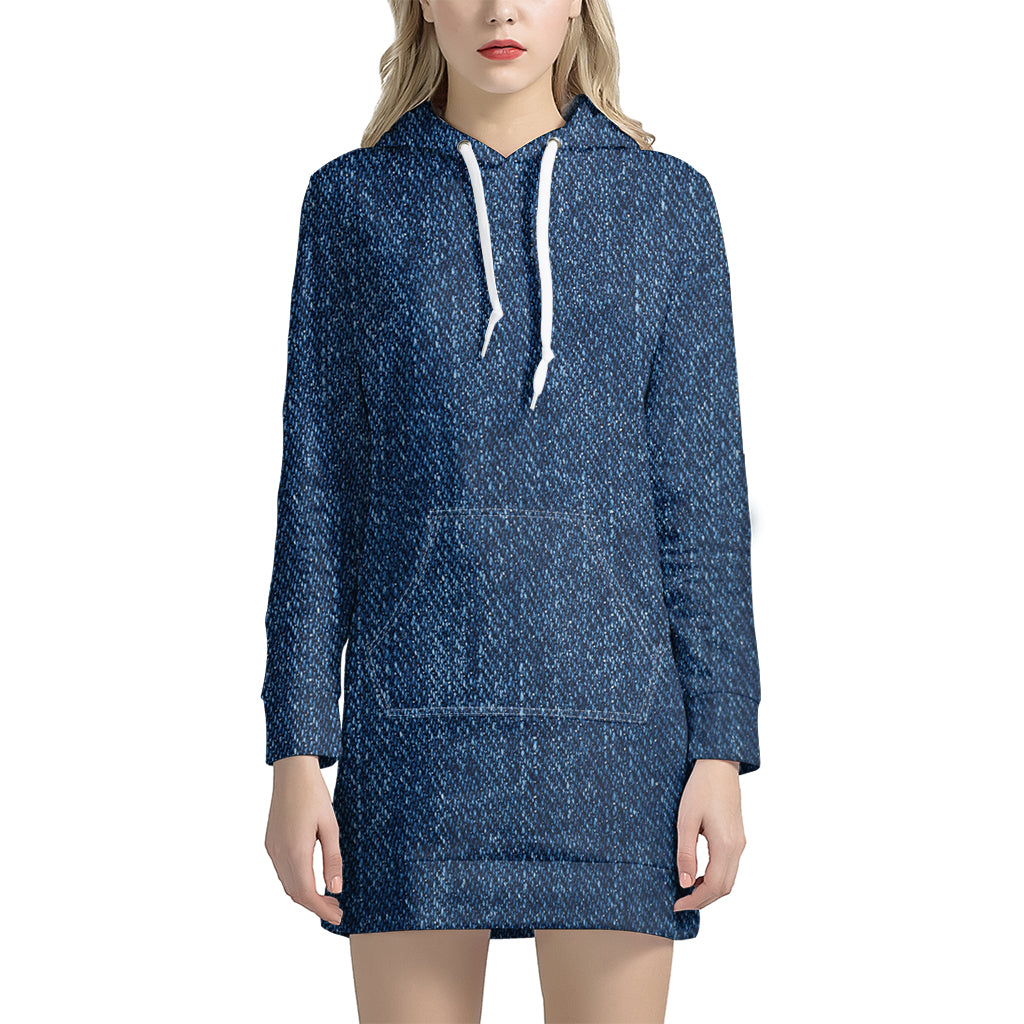 Navy Blue Denim Jeans Print Women's Pullover Hoodie Dress