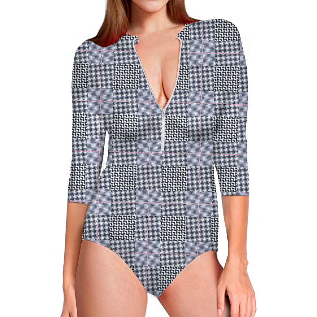 Navy Blue Prince of Wales Check Print Long Sleeve One Piece Swimsuit