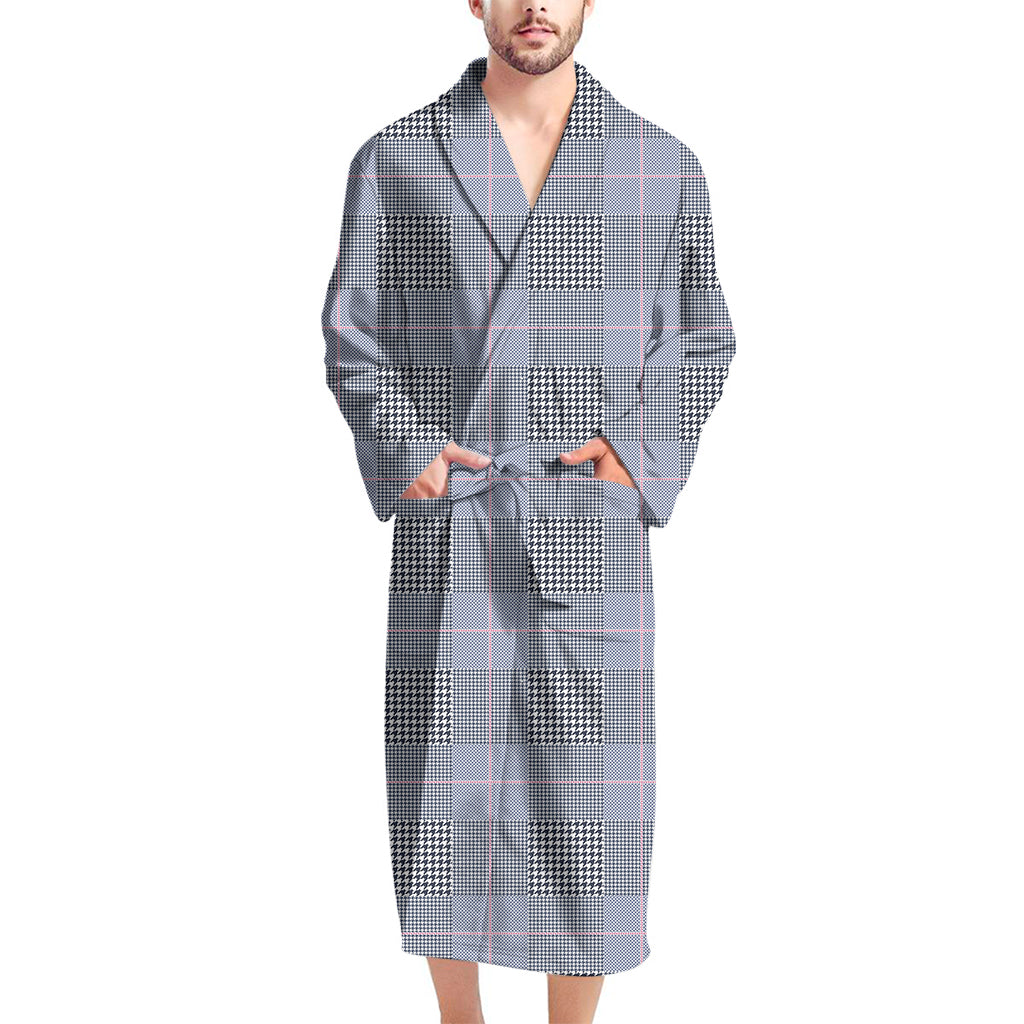 Navy Blue Prince of Wales Check Print Men's Bathrobe