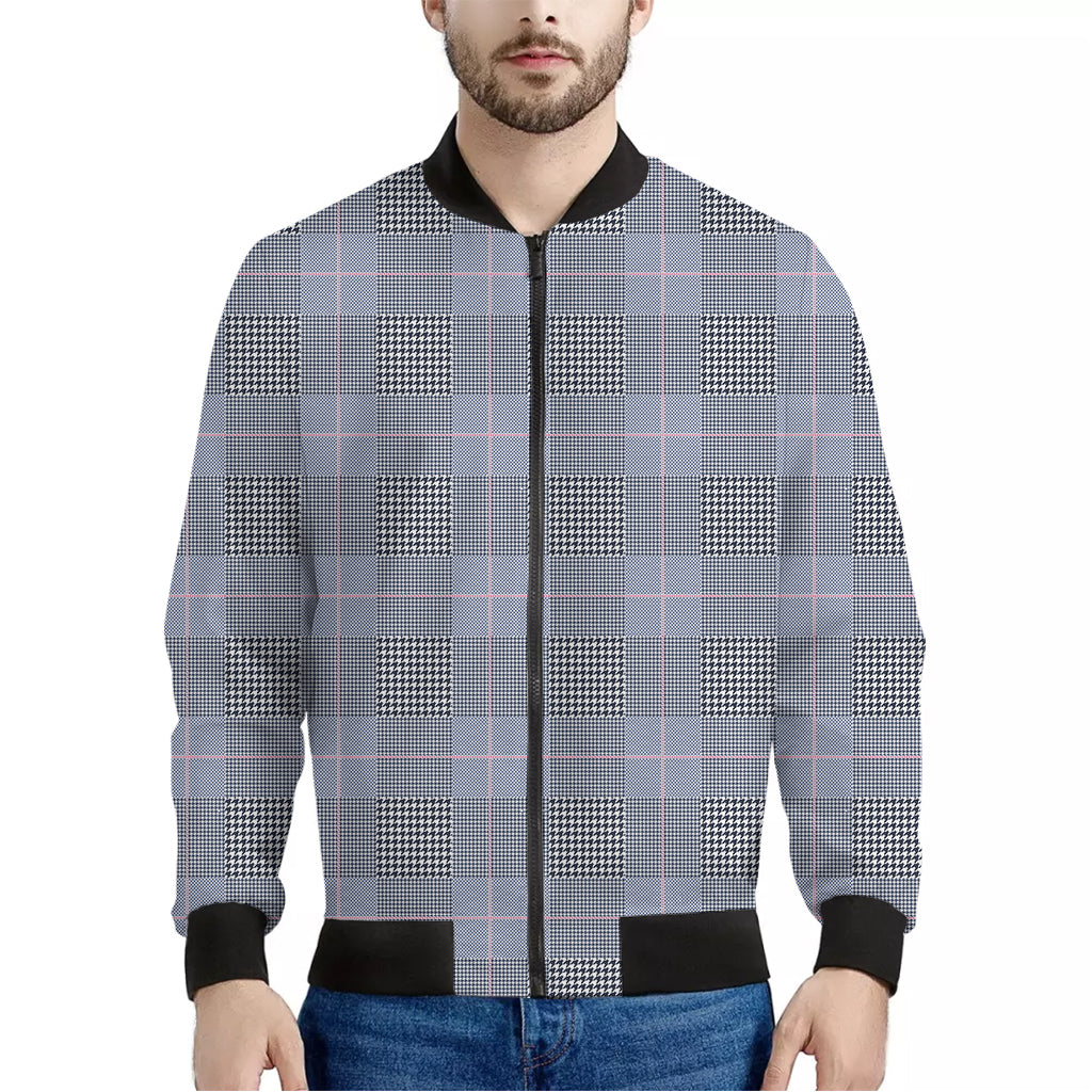 Navy Blue Prince of Wales Check Print Men's Bomber Jacket