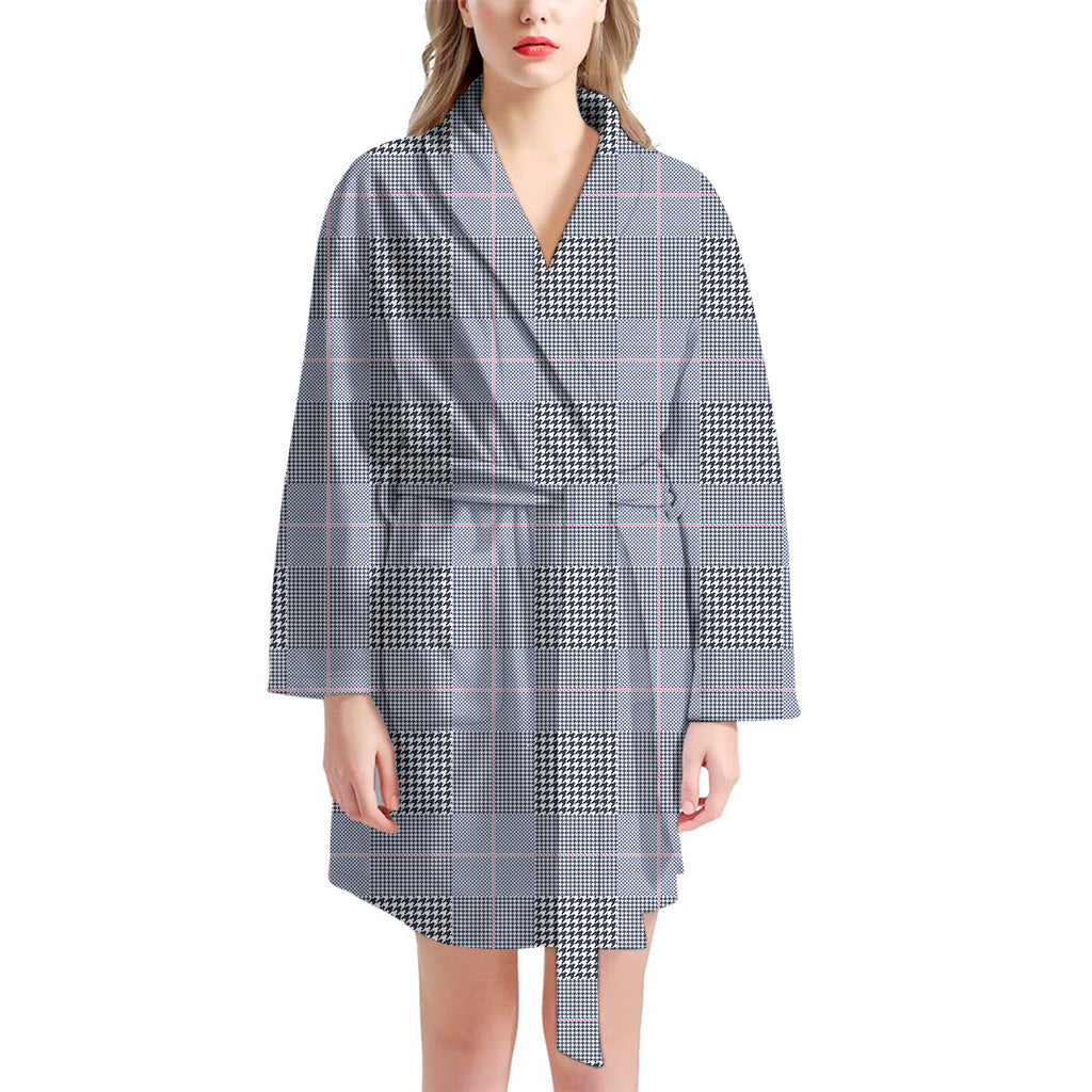 Navy Blue Prince of Wales Check Print Women's Bathrobe